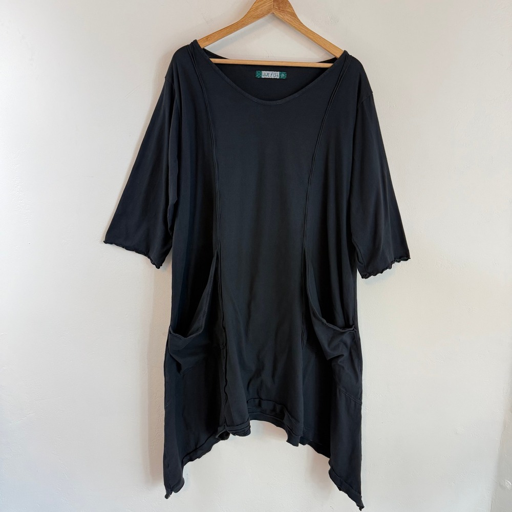 Blue Fish Everyday Tunic Organic Cotton Black Lagenlook Oversized Dress 2 XL